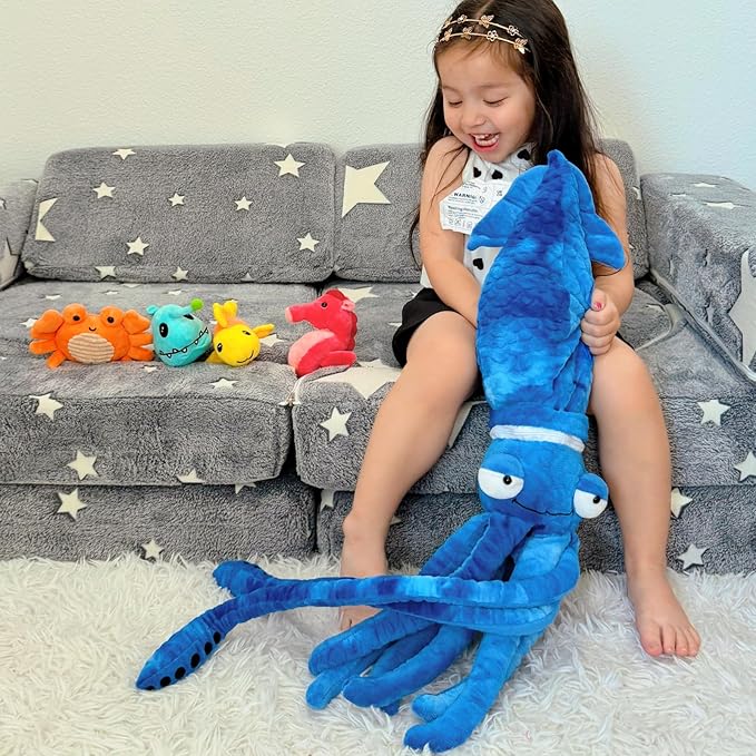5Pcs Giant Squid Stuffed Animal 41.3" with Small Marine Clownfish,Crab, Seahorse, Angler Fish Baby Plush Toys, Adorable Bulk Ocean Animal Plushies Gifts for Squid Toys Lover,Kids,Boys,Girls
