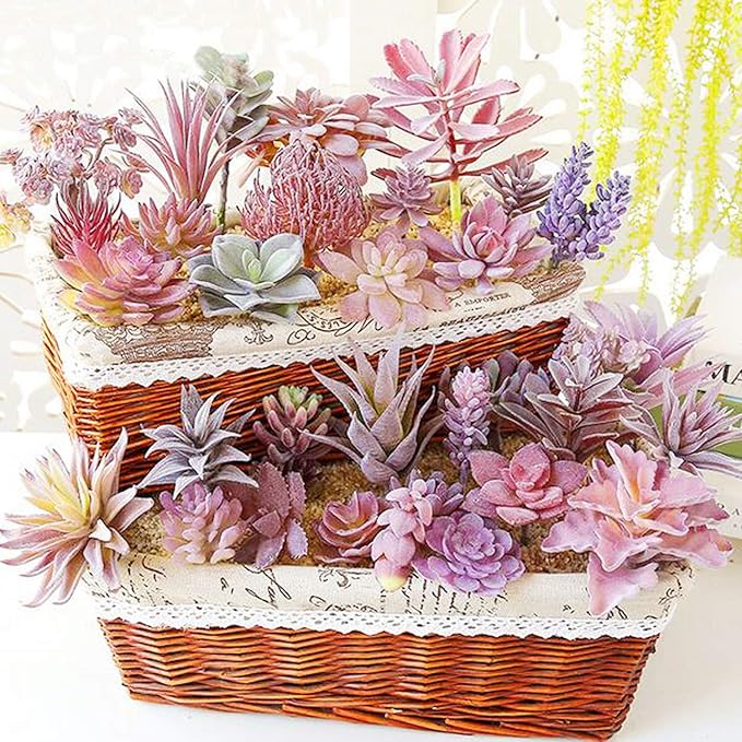 Cayway 15 PCS Artificial Succulent Plants, Fake Succulent Purple Unpotted Faux Succulent Assortment in Flocked Blue in Different Type for Birthday Home Decor Indoor Wall Garden DIY
