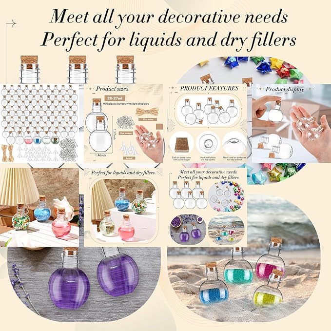 Bokon 50 Pack 1oz Plastic Mini Potion Bottles with Corks Spherical Small Sand Art jar Tiny Clear Ball Shape Liquor Bottles Bulk Wishing Vial for Birthday Halloween Party Favor DIY Crafts Gift