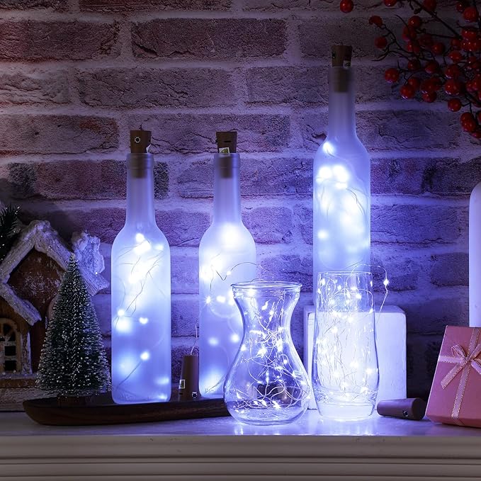 Rtteri 12 Sets Small Empty Wine Bottles with Cork Lights Centerpiece and 30 LED Battery Operated Cork Lights for Birthday Wedding Party Decoration(375 ml,Frosted Bottle)