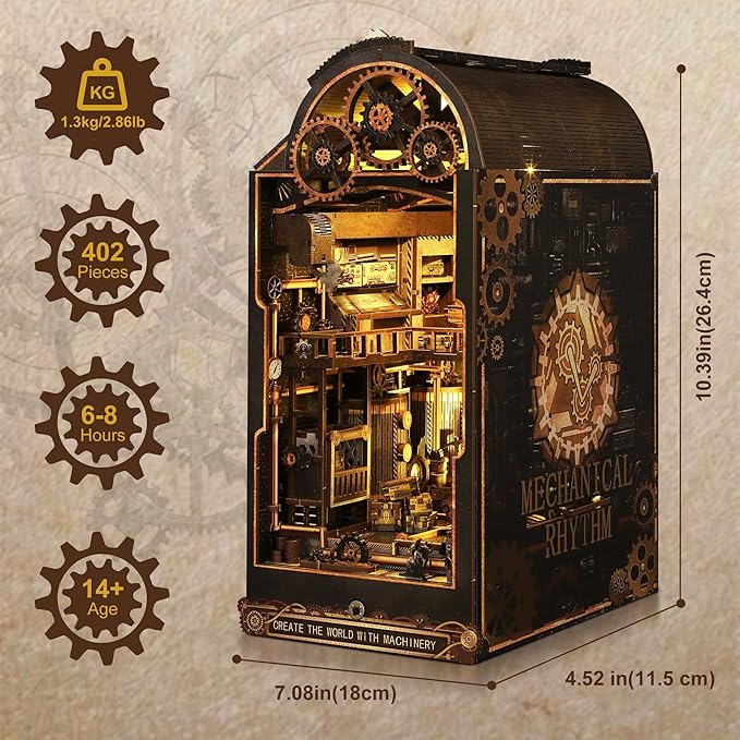 CRIOLPO Book Nook Kit - DIY Miniature House with Sensor LED 3D Wooden Doll House Bookshelf Insert for Adults Creative Gift for Book Lovers and Family - Machinic Throb