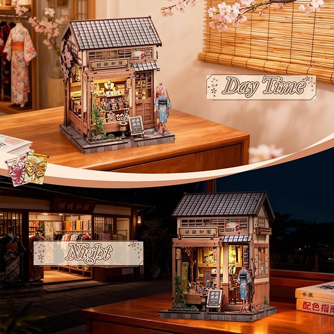 CUTEBEE Book Nook Kit - Japanese Sakura Kimono Shop DIY Dollhouse 3D Wooden Puzzle Booknook for Adults and Teens, Miniature House Bookshelf Decor, Ideal Gift for Family and Friends