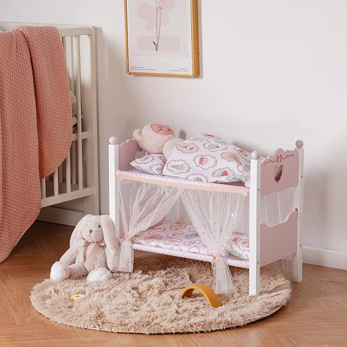 ROBOTIME Baby Doll Bunk Beds, Wooden Baby Doll Crib with Starry Curtain, Stackable Toy Crib for 18 Inch Dolls, Doll Bed Playset with Bedding Accessories, for Kids 3+ (Pink, 2 Pcs Beds)
