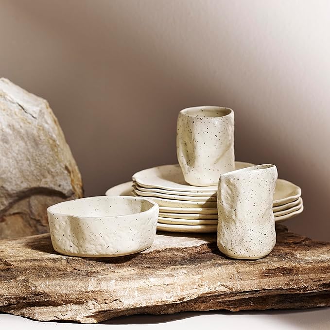 Stone by Mercer Project Atik Modern Stoneware 16-Piece Dinnerware Set, Plate and Bowl Set, Dish set for 4, Cream Speckled