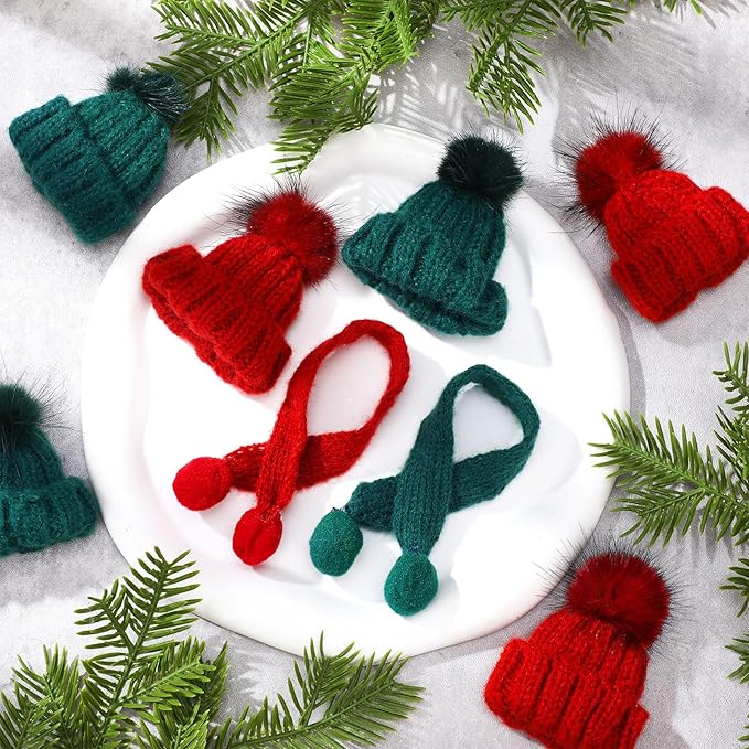 Bencailor 24 Pcs Mini Christmas Knitting Hats and Mini Christmas Scarf Set Knitting Doll Hat Scarf Santa Knit Hat Tree Ornaments for DIY Craft Art Doll Decoration (Red,Green)