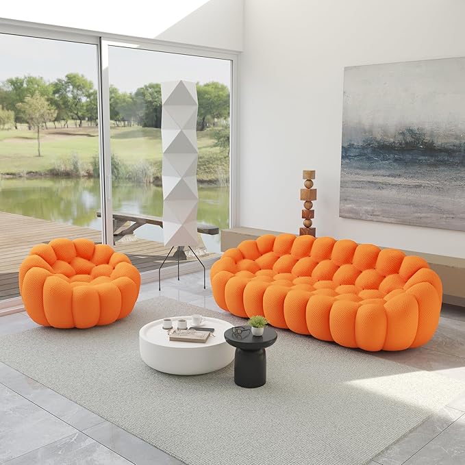 JACH 3 Seater Bubble Sofa and Single Seat Curved Couch, Comfy Upholstered Sofa, Mesh Fabric 3D Honeycomb Shape Modern Couch for Living Room, Office, Apartment, Small Space (Orange)
