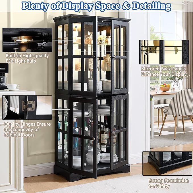 68" H Glass Curio Display Cabinet with Light, 6-Tier Wooden Storage Showcase w/ 4 Glass Doors & Adjustable Shelves, Vintage Accent Cabinet w/Mirrored Back Pane for Home & Office (Black)
