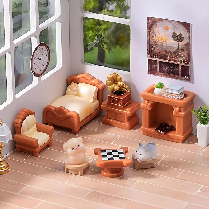 5-Piece Brown Dollhouse Furniture Kit – DIY Decoration Accessories Set, Living Room, Bedroom Furniture (Bed, Sofa, Record Player, Fireplace, Nightstand), Perfect for Fairy Garden & Bedroom Decor