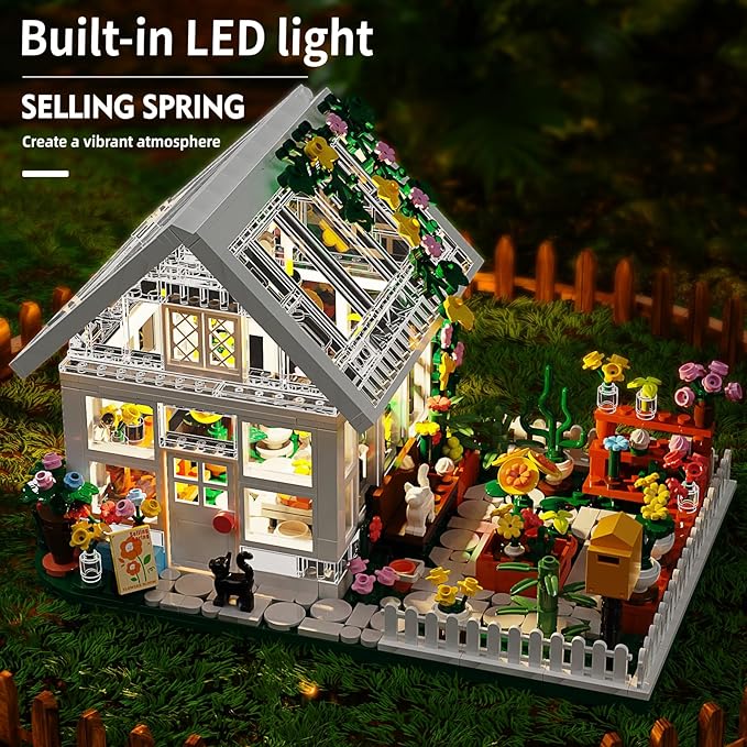 LEGPS YYDS Flower House Building Mini Set with LED, City Street View Greenhouse Building Blocks Toy, Valentine Xmas Gift for Friends or Girls 8-12 Year