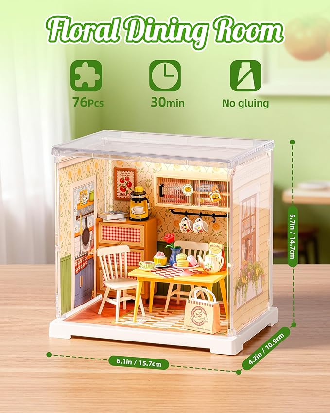 ROBOTIME Super Creator Kits, Miniature House Kit, DIY Plastic House Building Toy Set, Tiny Dining Making Kit Model Craft Hobby Unique Gift (Floral Dining Room)
