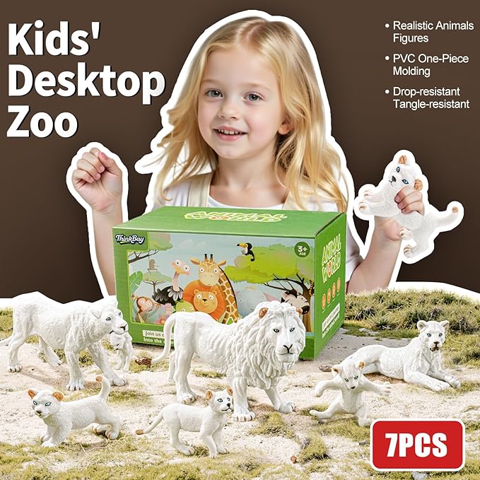 6PCS White Lion Toys Figurines Pride, African Jungle Animals Lion Family, Realistic Zoo Animal Toys, Preschool Toy Birthday Gift Cake Toppers for Kids Boys Girls