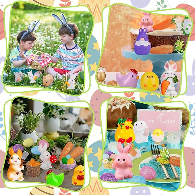 60Pcs Easter Luminous Mini Resin Figurines Miniature Figurines Tiny Small Easter Glow in The Dark Little Bunnies Chicken for Dollhouse Eggs Fillers Landscape Micro Garden Decoration Party Favors
