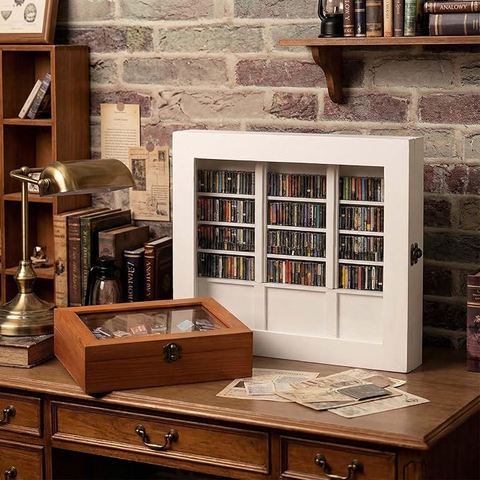 Anxiety Bookshelf Shake Away Your Anxiety, Miniature Book Display Case Cabinet with 200 Mini Books, Creative Wooden Mini Bookshelf Shake Anxiety Stress Reliever Funny Gifts for Book Lovers (White)