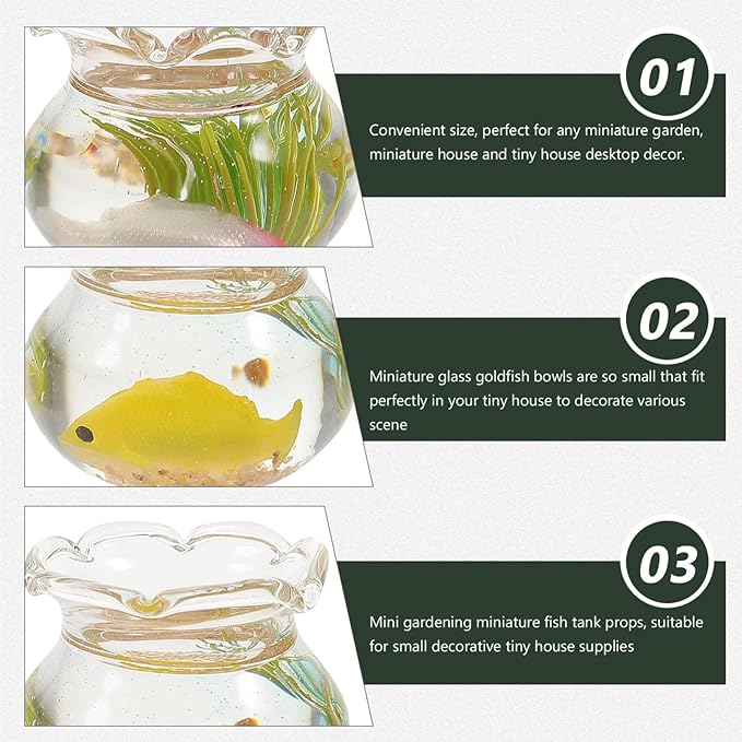 Kisangel 2pcs Dollhouse Fish Tank Miniature Fish Bowl 1: 12 Glass Goldfish Bowls for Tiny House Decorative Accessories