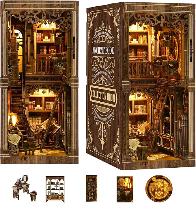 Book Nooks for Adults, DIY Miniature Dollhouse Book Nook Kit, Model Kits Craft Kits for Adults, 3D Wooden Puzzle Book Nook Craft Bookshelf Decor, Adult Craft Kits Gift with Led Light