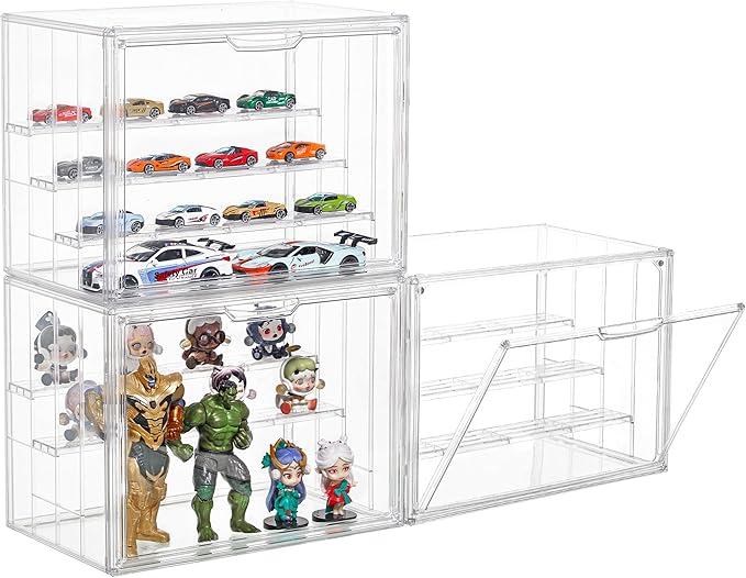 3 Pack Display Case for Collectibles 4 Layer Updated Adjustable Acrylic Display Case with Magnetic Door Clear Stackable Display Box Hobby Display Cases for Figures, Countertop