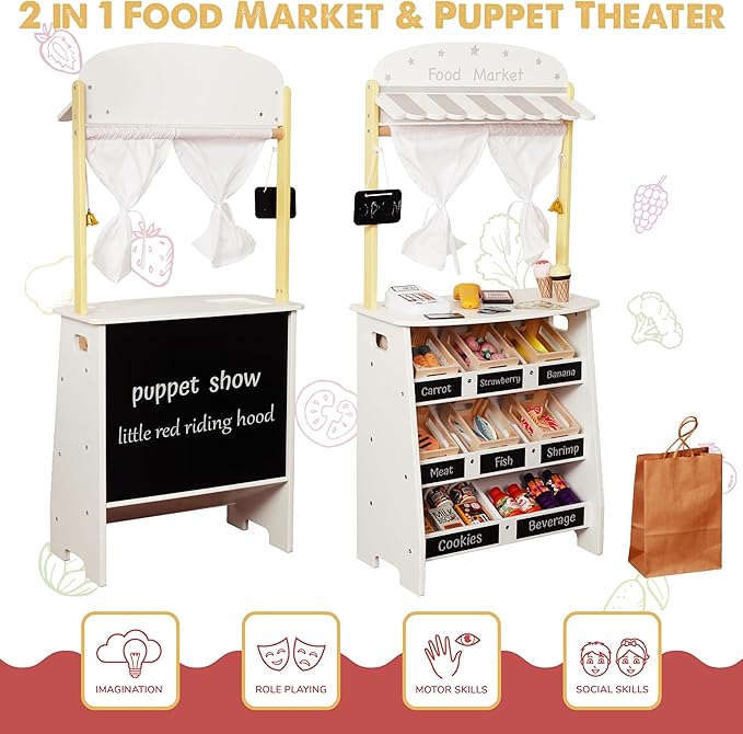Touch Us Kids Grocery Store Playset,Pretend Play Store Toy & Wooden Supermarket Shopping Cart with Toy Cash Register, Play Money&Blackboard;26PCS Food Toys Shop for 3+ year old boys girls toddler baby