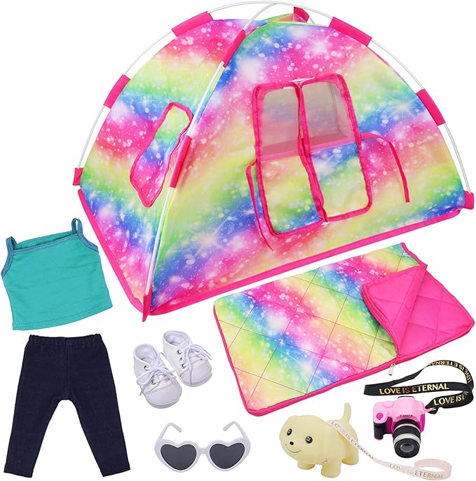 ZITA ELEMENT 7 Items Fashion Camping Tent Set for 18 Inch Girl Doll Accessories - Including 18 Inch Doll Camping Tent, Sleeping Bag, Clothes Set, Shoes, Camera, Eye Glasses and Toy Dog
