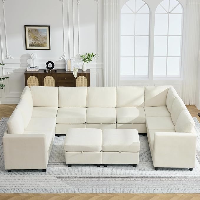 25" Square Storage Ottoman for Modular Sectional Sofa, Convertible Couch Footrest with Hidden Compartment, Chenille Upholstered Coffee Table & Extra Living Room Seating, Beige