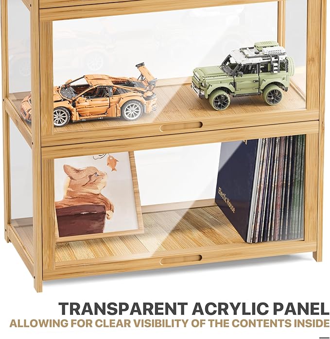 MoNiBloom 67.5" Curio Display Cabinet with Doors, 5-Tier Bamboo Showcase Storage Cabinet Shelf Collectibles Toy Display Case for Living Room, Natural