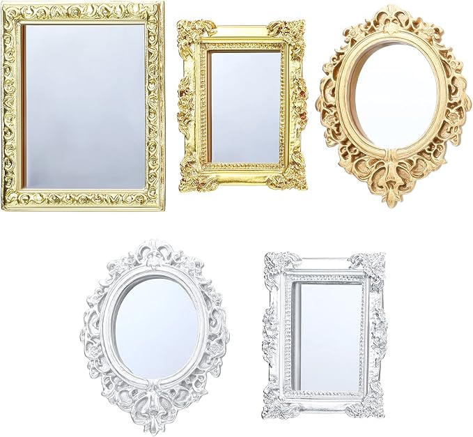 Skylety 10 Pieces Miniature Dollhouse Mirror European Frame Mirror Victorian Baroque Wall Decor Miniature Bedroom Mini Furniture Accessory for 1/12 Dollhouse Decor, Gold and Silver
