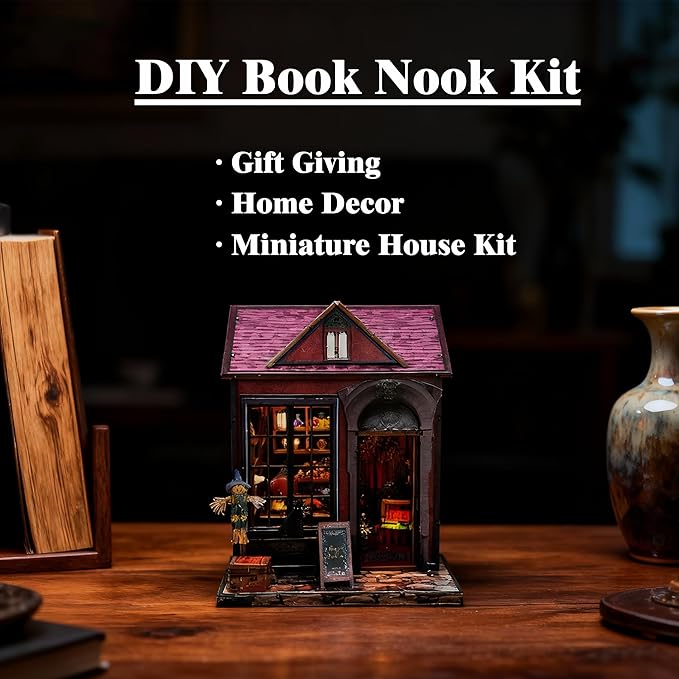 DIY Miniature House,LED Lighting Book Nook Kit Dollhouse Kit for Adult and Teens, Tiny House Bookshelf Decor 3D Wooden Puzzle, Gifts for Family, Friends,Christmas(Magic Cabin)