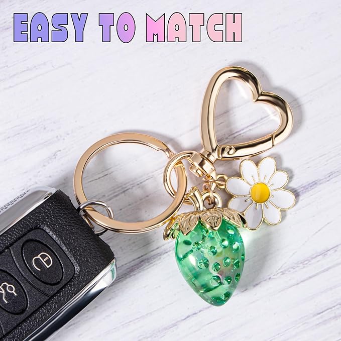 Wikavanli Cute Strawberry Keychain,Bag Charms,Kawaii Heart Flower Daisy Key chains Accessories Decor for Women Girls Purse