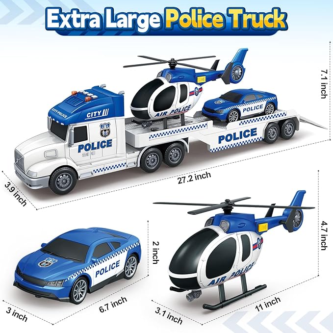 Kids Toys for 3 4 5 6 7 8 Years Old Boys, 27" Police Truck Toy with Racing Car and Helicopter, Toddler Friction Powered Truck Vehicle Toy with Lights, Sounds for Boys Girls Christmas Birthday Gifts