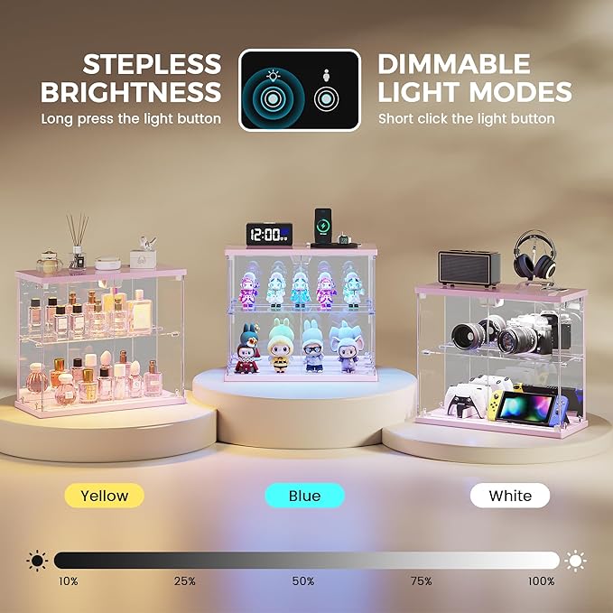 2pcs LED Clear Glass Display Case - for Figures & Collectibles, Small 2-Tier Display Cabinet with Charging Station, Display Box with Lights & Human Sensor, for Model Car, Perfume, Pink