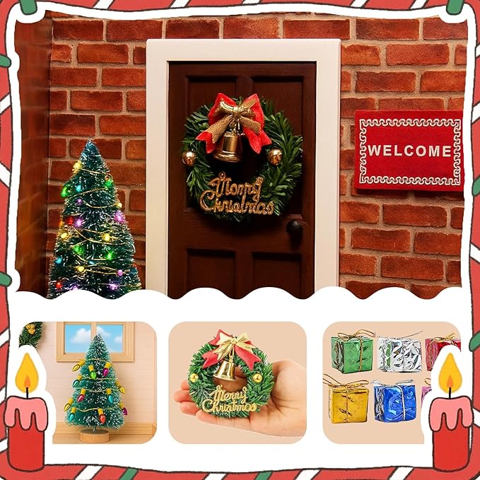 77 PCS Doll House Christmas Set Dollhouse Accessories Miniature Figurines Mini Santa Snowman Books String Lights Fence Ducks Yard Gift Box Decor for Pretend Toys DIY Festival Party Fairy Garden