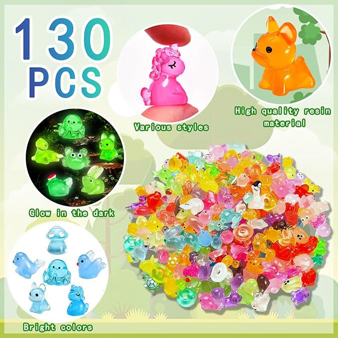 130 Pcs Luminous Mini Resin Animal Tiny Resin Animals Miniature Little Animal Figures Bulk for Micro Fairy Garden Landscape Accessories Dollhouse Decor