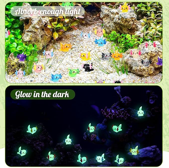 48PCS Mini Resin Axolotl Miniature Figurine - 16 Colors (8 Glow in The Dark & 8 Non-Luminous) 3 Pieces per Color, Mini Plastic Animals for Aquarium, Garden Micro Landscape, DIY Dollhouse Decor