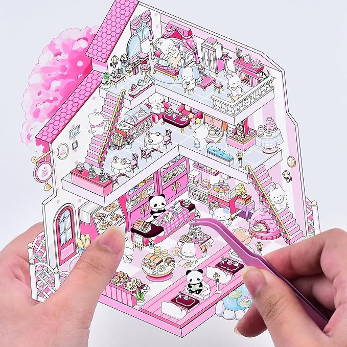 DIY 3D House Stickers Kit - 4 Sets Fun Large House Isometric Stickers Room Cartoon Scenes for Adults, Creative Art for Stress Relief, Pass The Time,Home Decoration, Relaxation Gifts(A2)