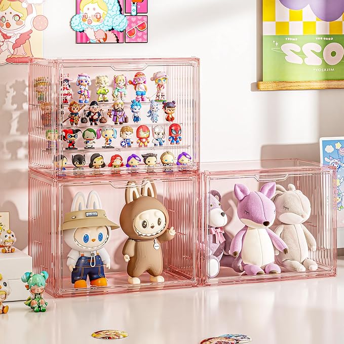 Clear Pink Acrylic Figure Display Case for Collectibles 4 Layer Hobby Figurine Display Shelf Cases Stackable Display Boxes with Shelves for Pop Mart, Action Figures, Model, 1 Pack