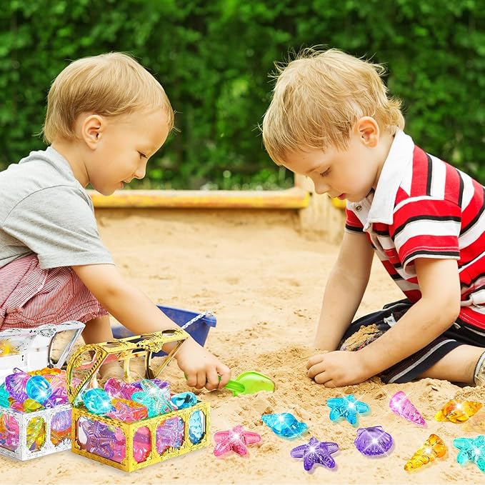 MARFOREVER 38 Pcs Pool Toys, 36 Diving Gems for Kids Colorful Sinking Diving Gems Assorted Crystals Gems with 2 Pirate Treasure Chest Boxes Mesh Bag for Boys Girls Swimming Beach Bathroom Water Toys