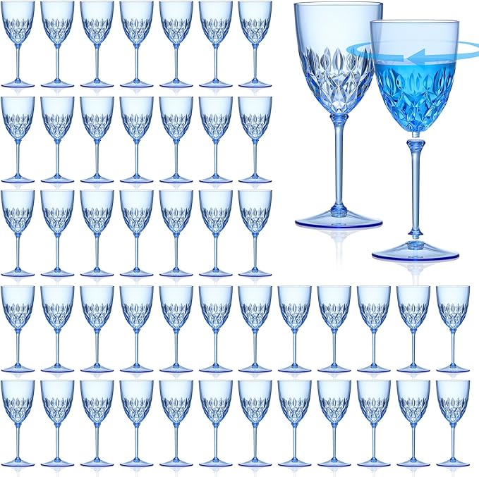 SKLENICE 48 pcs Plastic Blue Wine Glasses Bulk 7.4oz Detachable Small Wine Goblet Champagne Flutes Unbreakable Vintage Diamond Stemware Mimosa Drinking Glassware for Wedding Christmas Event Party