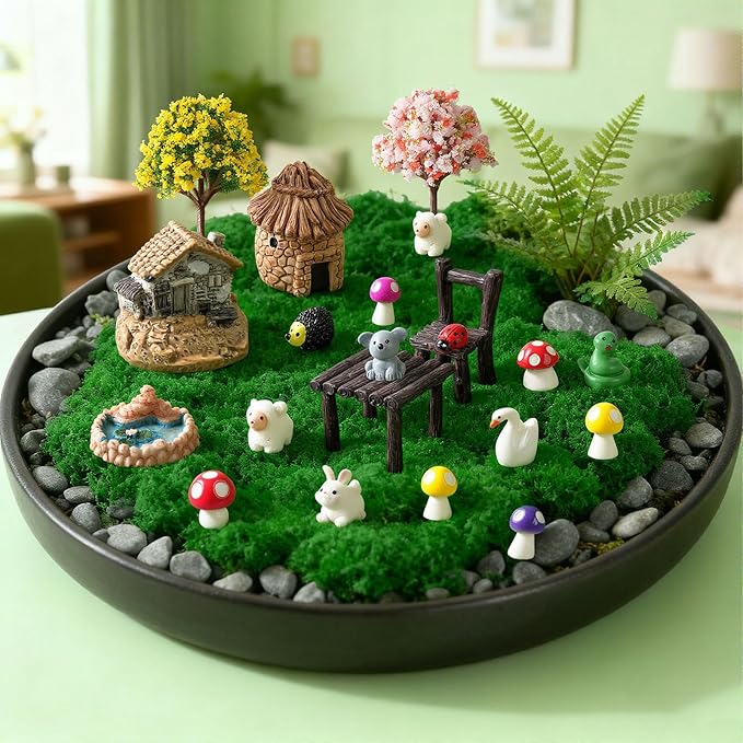 62 Pcs Mini Fairy Garden Accessories Outdoor, Fairy House Accessories Including Resin Animals, Miniature Figurines Micro Landscape Ornaments, Outdoor Fairy Garden Decor Kit