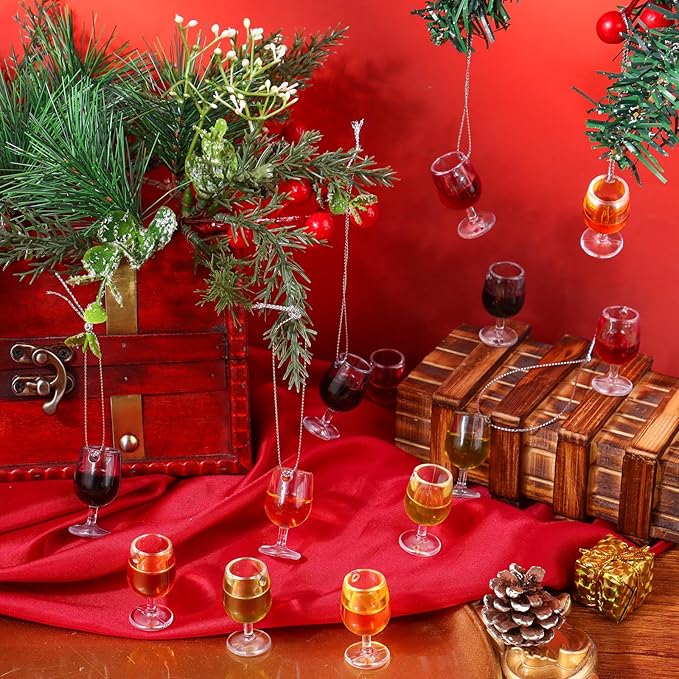 Haiabei 48Pcs 3D Mini Christmas Wine Cup Ornaments with 48Pcs Silver Hanging Rope Acrylic Wine Bottle Flat Christmas Ornaments Theme Miniature Bottles for Tree Living Room Dining Decoration,4 Colors