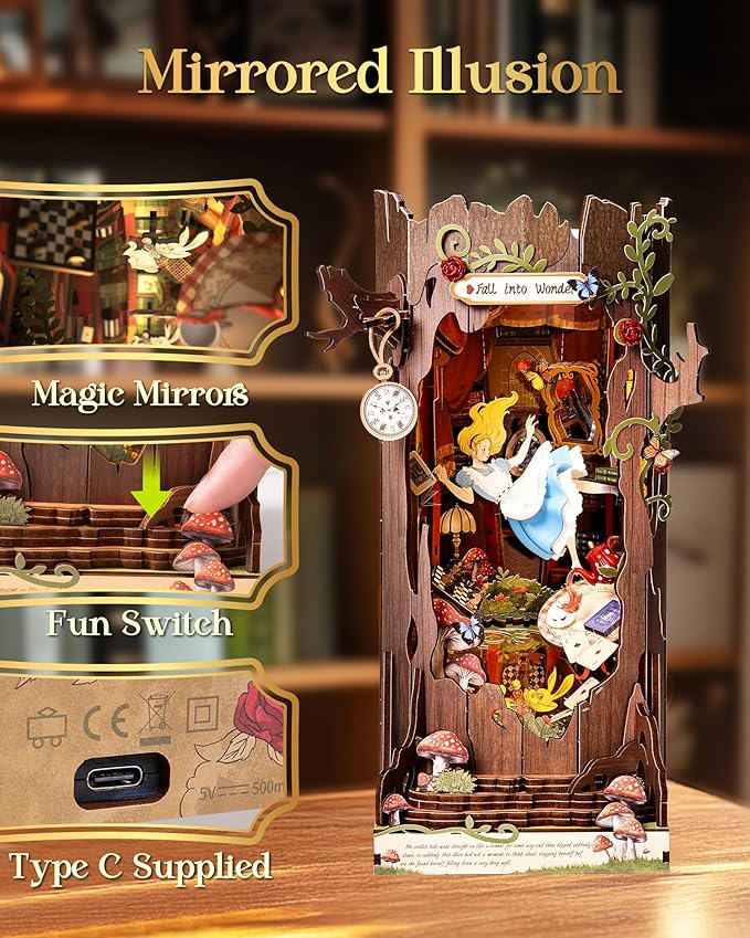 Rolife Book Nook Kit Fall into Wonder DIY Miniature Kit, 9.9" Tree Hollow Booknook 3D Wooden Puzzle with LEDs Fairy Tale Bookshelf Decor Gift for Adults Women Men