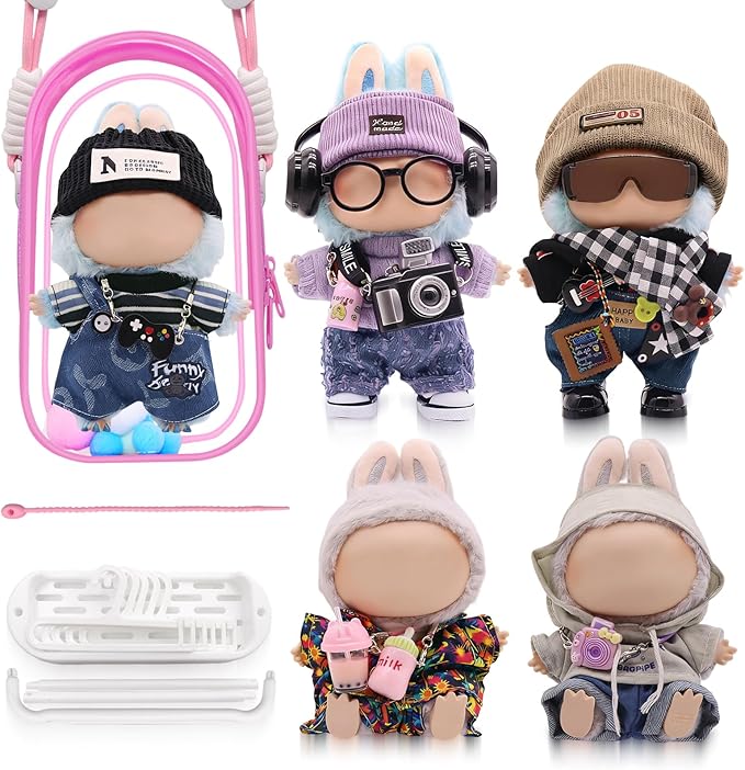Clothes for Labubu, 23-Piece Clothes and Accessories Set Designed for Labubu Doll Clothes, Includes Display Bag, Clothes Rack, Headphones, Camera, Glasses, Shoes, and 6 Mini Accessories - Style A