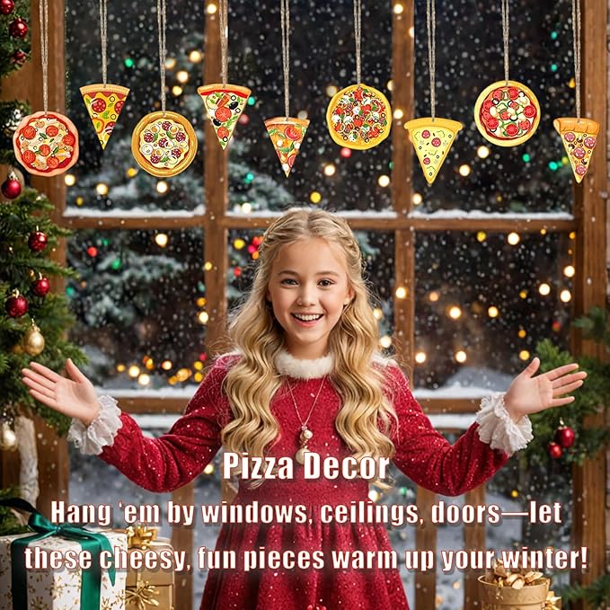 13 Pack Pizza Christmas Ornaments Set - Funny Christmas Decorations with Hanging Ropes, Cute Food Ornaments for Xmas Tree, Ideal for Pizza Party & Gifts