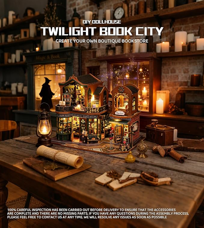 DIY Dollhouse Miniature House Kit,DIY Kit Mini House Model 1:24 Scale with Dust Cover and Music Box,Best Christmas Birthday Gift for Lovers(Twilight Book City)