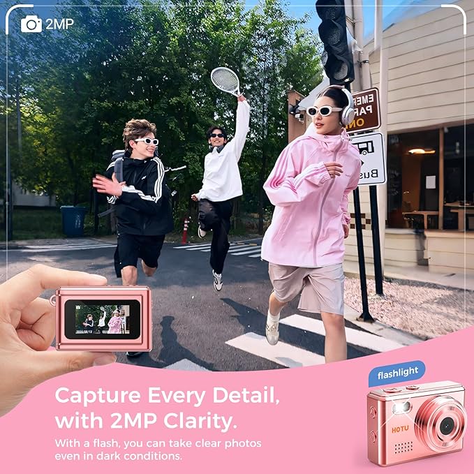 HOTU Mini Keychain Digital Camera, Y2K Pocket-Size Mini Camera, 2MP 1080P Small Camera with 32GB Card, Video Recorder with Long Battery Life for Travel, Party and Vlog (Rose Gold)