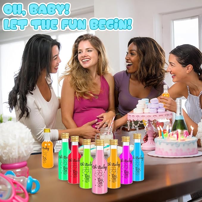 OurWarm 50 Pack Baby Shower Mini Liquor Bottles, 1.7oz/50ml Empty Plastic Shot Bottles with Gold Screw Caps Funnels Tags & Twines for Juice Wine Alcohol Juicing Ginger Shots Gender Reveal Party Favors
