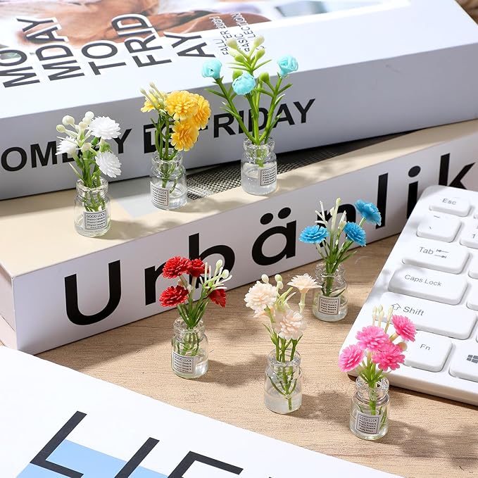 10 Pcs Dollhouse Miniatures Flowers Plants, 1:12 Tiny Small Glow in The Dark Glass Vase Flowers Plant House Decor, Faux Flower Model Miniature Dollhouse Accessories for Tiny Houses