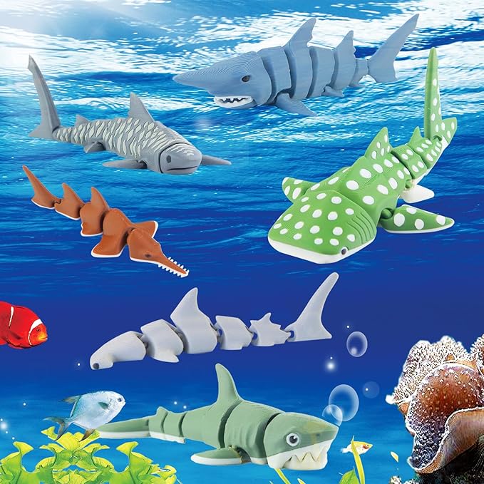 6PCS 3D Printed Shark Figurines Toys for Kids Toddlers, Realistic Ocean Sea Animals Bath Toys Fidget Toys Cake Toppers Shark Party Decorations Christmas Birthday Gift for Boys Girls