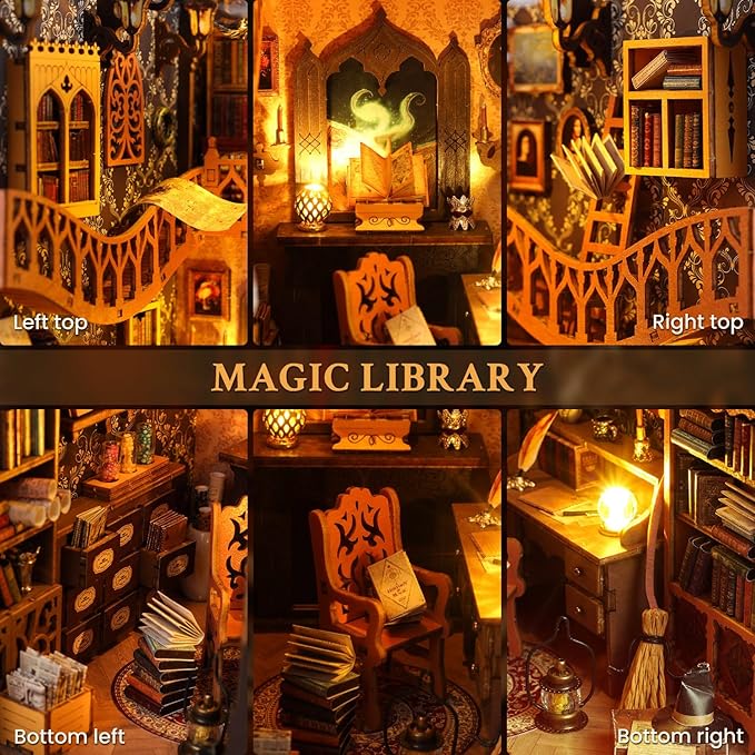 Book Nook Kit, DIY Dollhouse Booknook, Miniature House Kit for Adults and Teens, Library Tiny okshelf Decor, 3D Wooden Puzzle Bookends with Sensor Led Light, Gifts for Family, Friends
