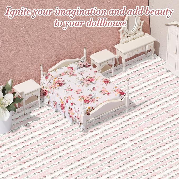 Flutesan 3 Pcs Miniature Dollhouse Wallpaper and Flooring Peel and Stick 1:12 Scale Self Adhesive Doll House Wallpaper DIY Mini Dollhouse Accessories 8.27 x 11.69 Inch(Pink Flower)