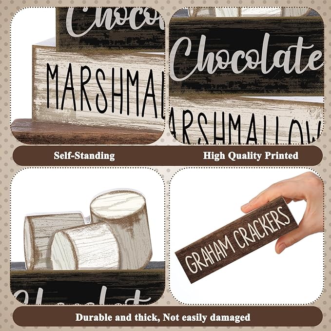 Moucuny 4 Pcs Winter Table Decoration Wooden Marshmallow Chocolate Christmas Tiered Tray Decor Xmas Centerpiece Decorative Hot Cocoa Marshmallow Block Signs Gift Winter Decoration for Home Kitchen