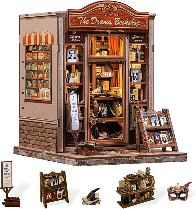 Cutefun Book Nook Kit - DIY Miniature Dollhouse Booknook Kit for Adults and Teens, Tiny House Bookshelf Insert Decor with LED Light, Gifts for Family and Friends (The Drama Bookshop)